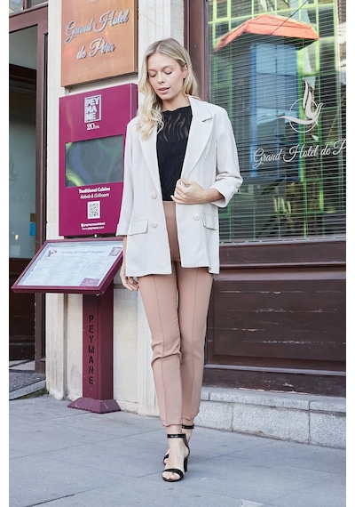 Kadın İpeksi Dokulu Modal Kumaş Yakalı Cep Kapaklı Oversize Salaş Blazer Ceket-taş Taş