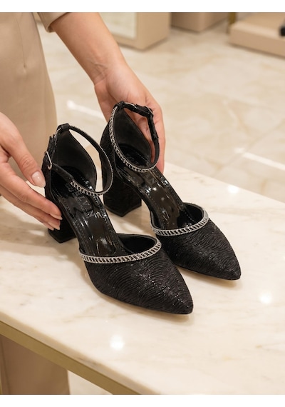 Nesilshoes Nesil Shoes Elva 45029 Siyah Simli Topuklu Kadın Ayakkabı