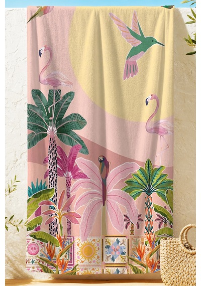 Tropikal Flamingo Palmiye Plaj Havlusu - Bohem Pastel Egzotik Kuşlu Hızlı Kuruyan Mikrofiber Havlu Sedef Dalgası