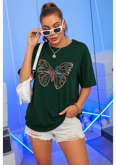 Kelebek Baskılı Oversize T-shirt Yeşil