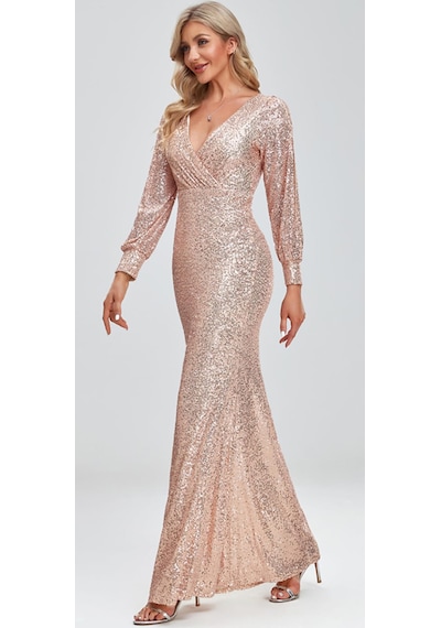 Hanife Glam Couture Hanife Glam Uzun Kollu Kruvaze Yaka Pullu Abiye Elbise Gold
