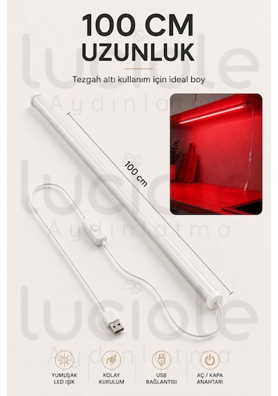 Kırmızı Usb Led Bar 100 Cm Yapışkanlı Anahtarlı Dolap Tezgah Raf Dekoratif Aydınlatma