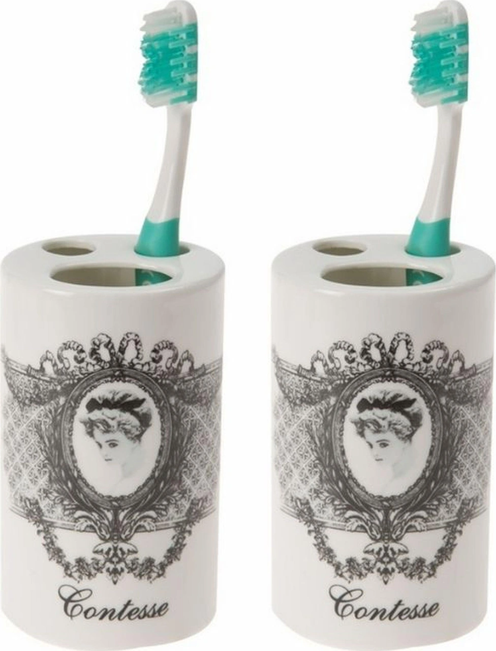 2 Adet Seramik Diş Fırçalık Kraliçe Model 7x7x11cm Banyo Seti Çok Renkli