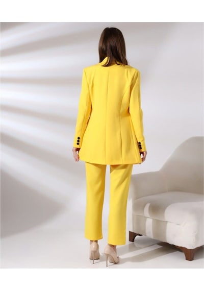 Tane Tasarım Kadın Kruvaze Blazer Ceket Pamuklu Atlak Kumaş Pantolon Takım Elbise Sarı Sarı Tane Tasarım Kadın Kruvaze Blazer Ceket Pamuklu Atlak Kumaş Pantolon Takım Elbise Sarı Sarı
