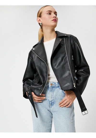 Koton Oversize Biker Ceket Suni Deri Fermuarlı Siyah 3sak20013ew