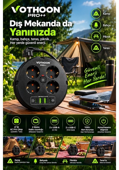 4 Lü Priz Makarası 2 Metre Kablolu, 2 Usb-a + 2 Usb-c Şarj Çıkışlı, Açma/kapama Düğmeli, 2200w 10a 1