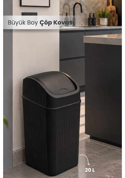 20 Litre Pratik Kapaklı Mutfak Çöp Kovası Büyük Boy Banyo Çöp Kovası Siyah