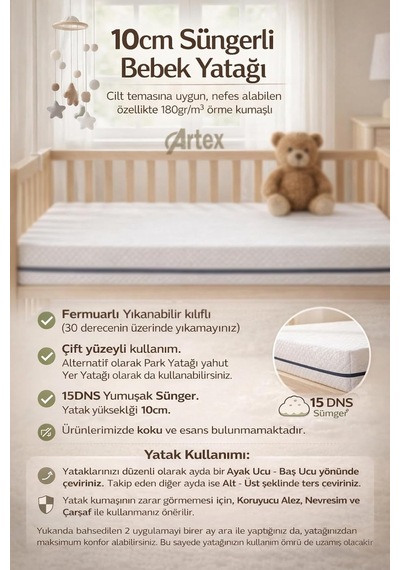 Artex 10cm Süngerli Bebek Çocuk Beşik Yatağı Nano 70x130 Yıkanabilir Kılıflı Park Yatak Oyun Parkı Genel