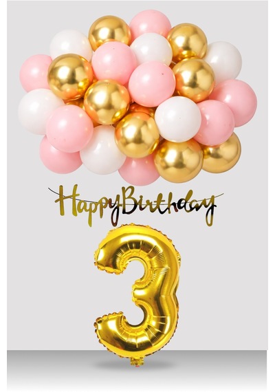 3 Yaş Retro Gold Pembe Beyaz Balon Happy Birthday Banner Gold Rakam Doğum Günü Süsü Çok Renkli