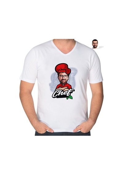 Abluka Online Kişiye Özel Erkek Chef Karikatürlü V Yaka Tişört-10