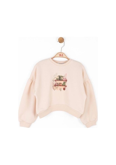 Kız Çocuk Pamuklu İki İplik Önü Baskılı Sweatshirt-14712 KREM