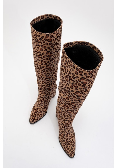 Luvishoes Luvi Shoes 120 Siyah Sarı Desenli Körüklü Kadın Kalın Topuklu Çizme Leopar
