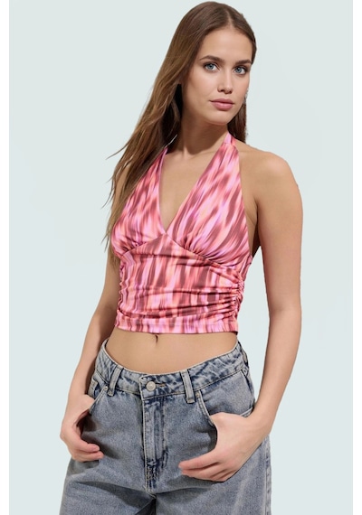 Ersefa Vücuda Oturan Boyundan Bağlamalı Crop Bluz Polyester Elastan Sand Pembe