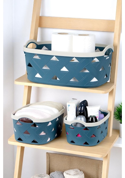 3lü Dekoratif Deri Görünüm Dolap İçi Düzenleyici Saklama Kutusu Mutfak Banyo Organizer Sepet Mavi Sd5000set-2 Mavi