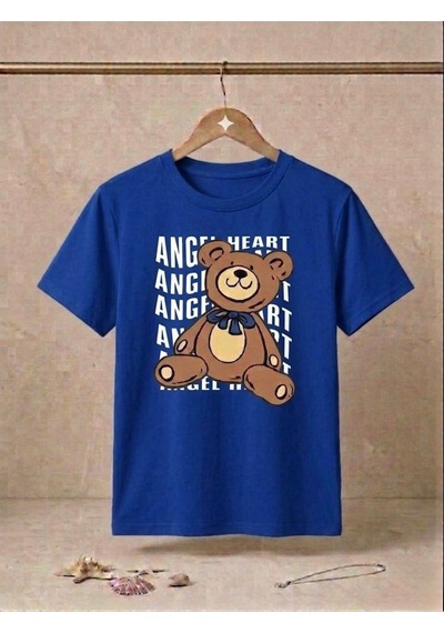 Unisex Ayıcık Baskılı Kompakt T-shirt Mavi