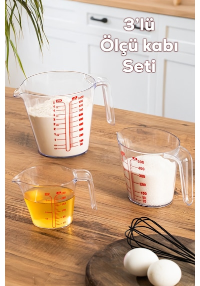 Porsima 3lü Şeffaf Plastik Ölçek Kabı - Beher Mutfak Ölçü Kabı 250ml-500ml-1000ml