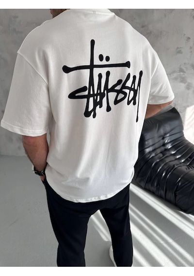 Wear Vexel Erkek Tişört Bisiklet Yaka Baskılı Oversize Kısa Kol T-shirt - Beyaz Çok Renkli
