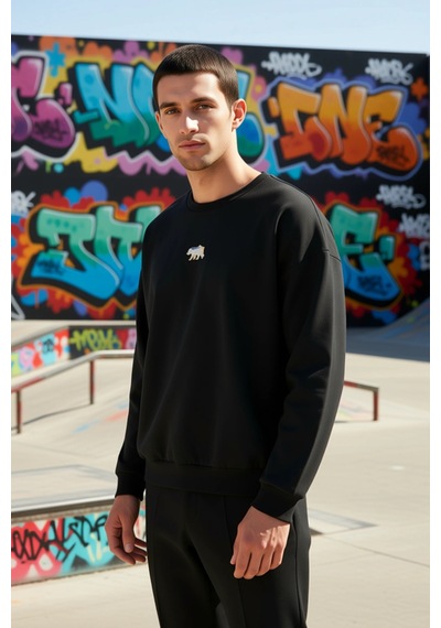 Benerly Erkek Bisiklet Yaka Standart Kol Oversize Fit Sweatshirt Fonksiyo siyah