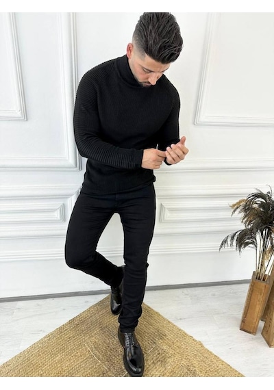 Elku Moda Kazak Naturel Pamuk Triko Boğazlı Balıkçı Yaka Kazak Siyah Elku Moda Kazak Naturel Pamuk Triko Boğazlı Balıkçı Yaka Kazak Siyah
