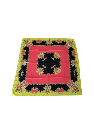 Tikitonki Geometrik Çiçek Desenli Saten Sarı Eşarp - 90x90 Pembe Pembe