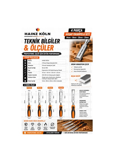 4 Parça Ahşap Iskarpela Seti 14-18-20-25 Mm Krom Vanadyum Çelik Ergonomik Kaymaz Sap Profesyonel Mar