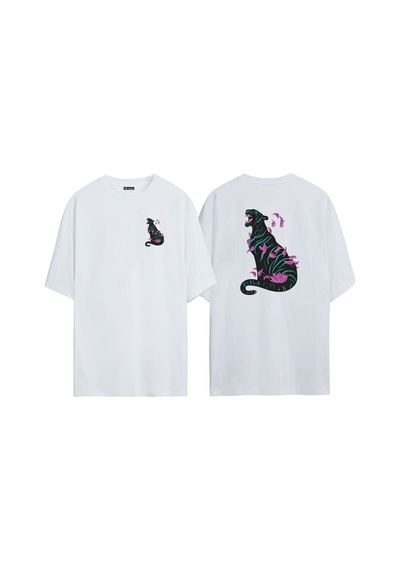 Thewert Unisex Black Panter Pembe Yapraklar Ön Arka Baskılı Beyaz Oversize T-shirt