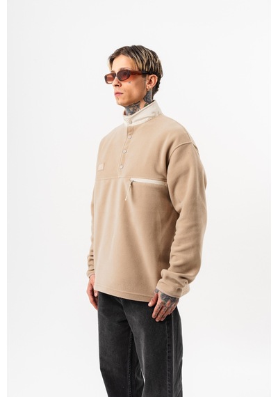 Respire Erkek Düğme Detaylı Oversize Polar Sweatshirt Bej