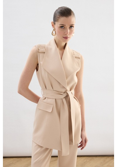 Sateen Omuz Aksesuarlı Kuşaklı Yelek - Bej-136854 Bej