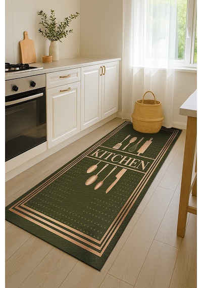 Turkıshrug Kıngdom Yeşil Ve Bej Detaylı Kitchen Yazılı Halı Mutfak İçin Şık Dekor Çok Renkli