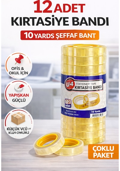 12 Adet Kırtasiye Bandı 10 Yards Şeffaf Bant Güçlü Yapışkan Ofis Okul Ev Kullanımı Küçük Bant Seti