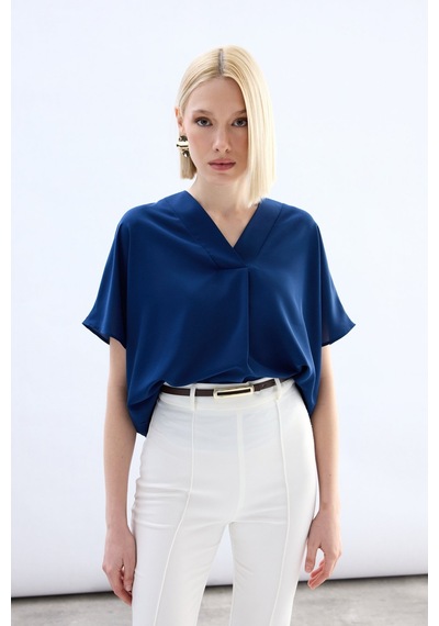 Sateen Geniş Kısa Kollu Bluz - İndigo-136763 İndigo