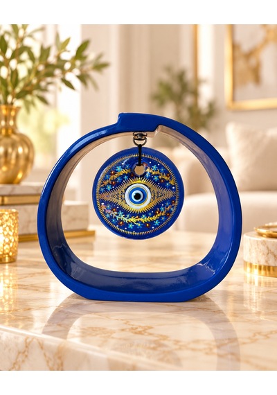 Nazar Gözlü Dekoratif Masa Süsü Mavi Standlı Mandala Desenli Obje 15x17 Cm
