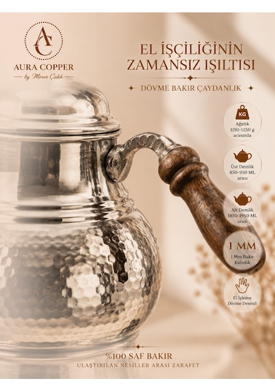 Aura Copper El İşlemeli Bakır Çaydanlık Seti 1 Mm Üst 850-950 Ml Alt 1850-1950 Ml 27 Cm Bakır - Porselen
