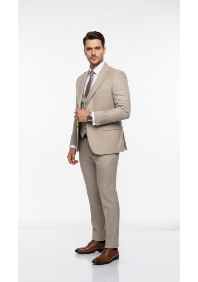 Erkek Slim Fit Takım Elbise Yelekli Modern Kesim Likralı Esnek Kumaş Kırışmaz Şık Düğün Davet Takımı Bej