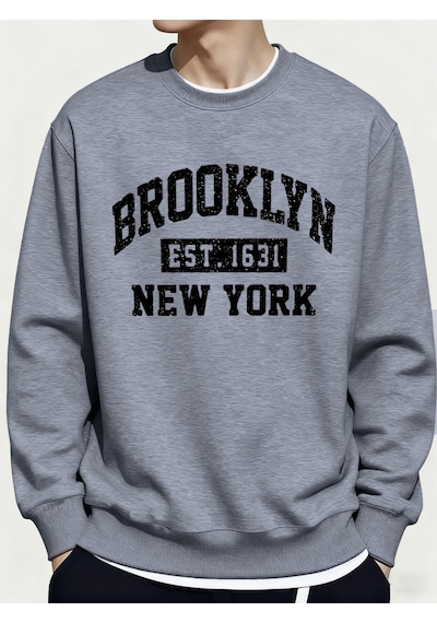 Startmore Startmorebrooklyn New York City Baskılar Kışlık Günlük Kapüşonlu Üst Erkek Polar Günlük Kazak Temeller Gri