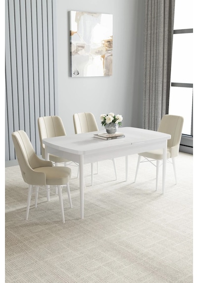 Zümra Serisi, Beyaz 80x132 Açılabilir Mdf Mutfak Masası Takımı 4 Adet Sandalye, Krem Zümra Serisi, Beyaz 80x132 Açılabilir Mdf Mutfak Masası Takımı 4 Adet Sandalye, Krem