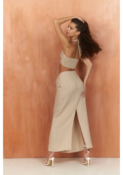 Mai Collection Mai Studios Co. Lovina Çizgili Bej Crop Etek Takım Bej