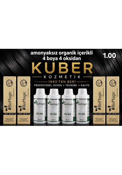 Biomagic 1.00 Siyah Organik İçerikli Amonyaksız Kalıcı Saç Boyası 4 Boya 4 Oksidan
