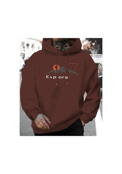 Herkesemoda Expore Yazı Detaylı İçi Polarlı Kapüşonlu Sweatshirt Kahverengi