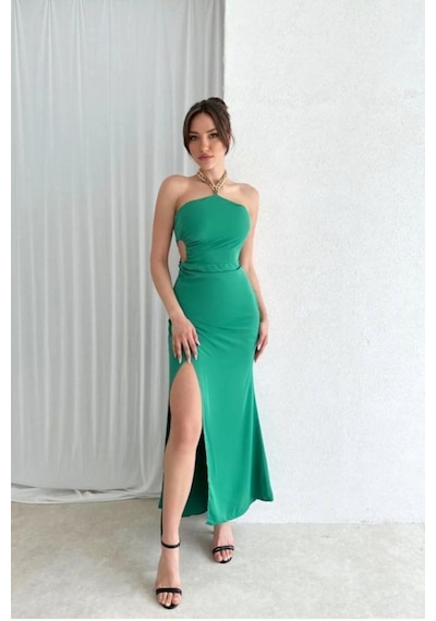 Rabia Çelik Choker Askı Detaylı Yırtmaçlı Midi Yeşil Elbise Yeşil Yeşil