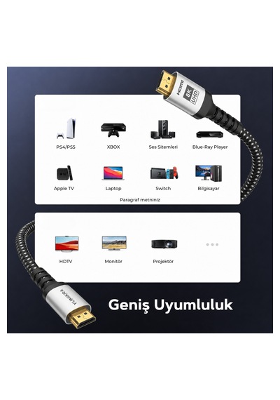 Hdmı 2.1 Kablo, 8k 60hz, 4k 240hz, 48 Gbit/s, Hdmı Sertifikalı, Alüminyum Gövde - 2 Metre