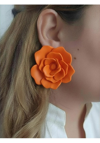 Kadın Küpe Büyük Turuncu Gül Model - 6 Cm Minimalist Halka/çivili Gül Çiçek Küpe