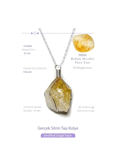 Erilsa Sertifikalı Gerçek Tel Sargılı Ham İşlenmemiş Sitrin Taşı Kolye Çok Renkli