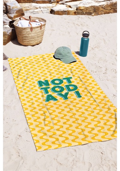 Modern Yazılı Dalgalı Plaj Havlusu - Sarı Turkuaz Retro Typografi Hızlı Kuruyan Mikrofiber Havlu Köpük Mimoza