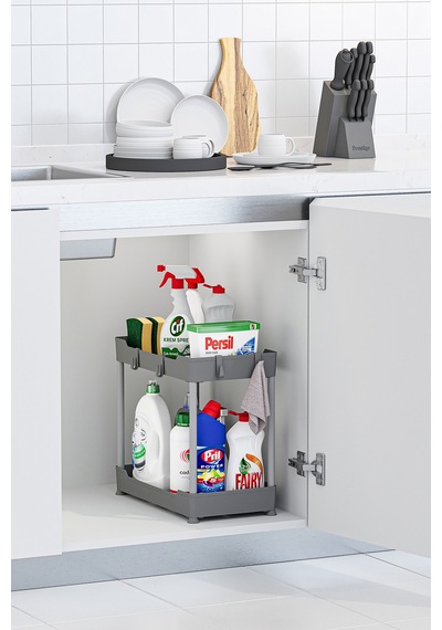 2 Adet Gri 2 Katlı Düzenleyici Mutfak Ve Banyo Rafı