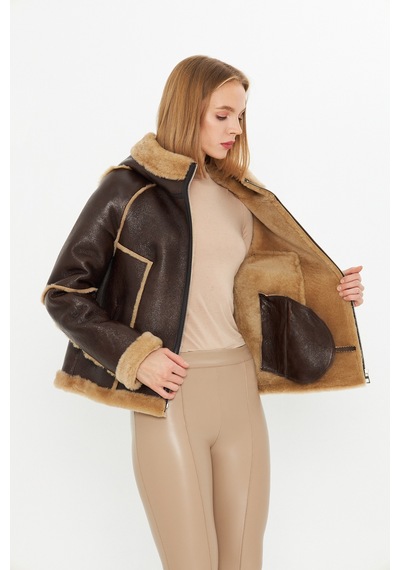M M Marki Marki Hakiki Deri Kapüşonlu Oversize Kadın Mont - İçi Kürklü - Kahverengi 65 Cm - 115522