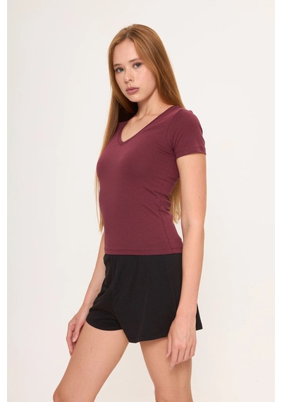 Zoor Ultra Soft Penye Modal V Yaka Kısa Kollu Bluz Bordo