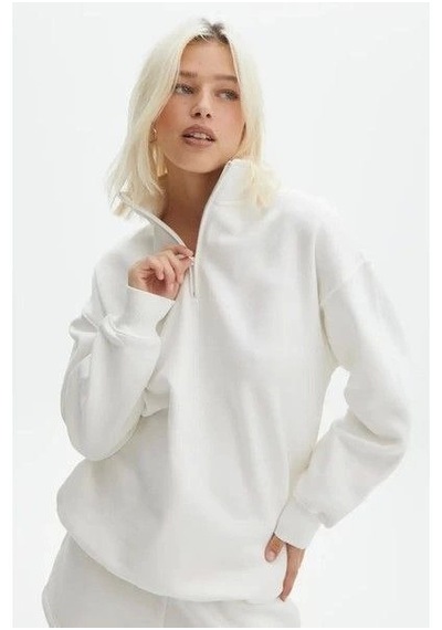 Modi Unisex Uzun Kol Yarım Farmuarlı Yakalı Basic Sweatshirt - Beyaz 2beyaz