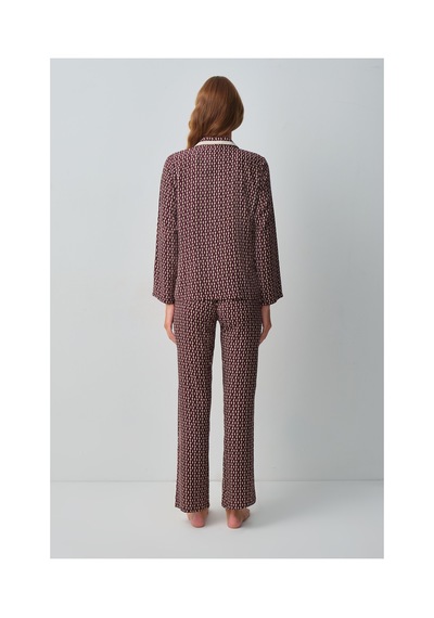 Suwen Arwen Gömlek Yaka Pijama Takımı Wsh10510171662 Bordo Desenli
