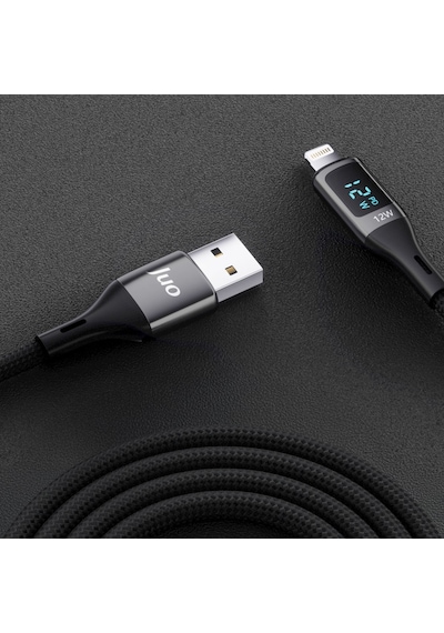Juo 12W Dijital Led Ekranlı Usb-a To Lightning Apple Uyumlu iPhone iPad Örgülü Hızlı Şarj ve Data Kablosu 2M